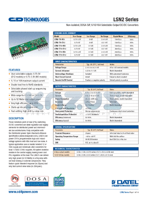 LSN2 datasheet - Non-isolated, DOSA-SIP, 6/10/16A Selectable-Output DC/DC Converters