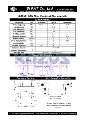 LBT7031 datasheet - SAW Filter Electrical Characteristic