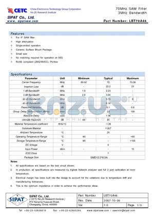 LBT70A46 datasheet - 70MHz SAW Filter 3MHz Bandwidth