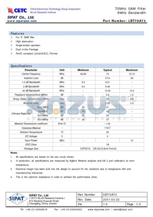 LBT70A73 datasheet - 70MHz SAW Filter 9MHz Bandwidth