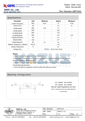 LBT7045 datasheet - 70MHz SAW Filter 4MHz Bandwidth