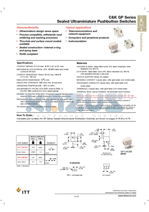 GP12MSV1BE datasheet - Sealed Ultraminiature Pushbutton Switches