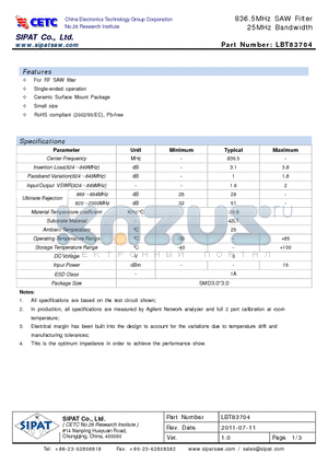 LBT83704 datasheet - 836.5MHz SAW Filter 25MHz Bandwidth