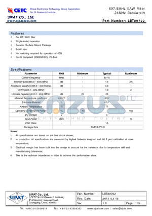 LBT89702 datasheet - 897.5MHz SAW Filter 24MHz Bandwidth