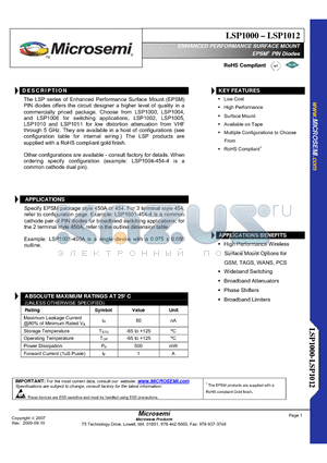 LSP1011 datasheet - ENHANCED PERFORMANCE SURFACE MOUNT EPSM PIN Diodes TM