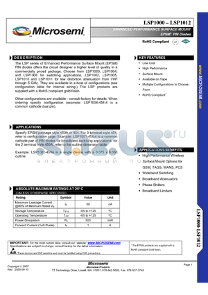 LSP1012 datasheet - ENHANCED PERFORMANCE SURFACE MOUNT EPSM PIN Diodes TM