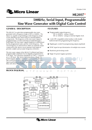 ML2037 datasheet - 500kHz, Serial Input, Programmable Sine Wave Generator with Digital Gain Control