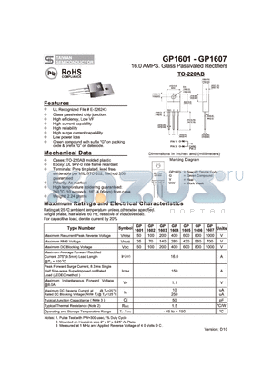 GP1602 datasheet - 16.0 AMPS. Glass Passivated Rectifiers