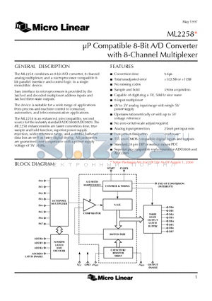 ML2258CIP datasheet - lP Compatible 8-Bit A/D Converter with 8-Channel Multiplexer