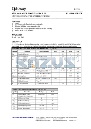 FL-5500-S datasheet - 1550 nm LASER DIODE MODULES UNCOOLED MQW-FP LD WITH RECEPTACLE