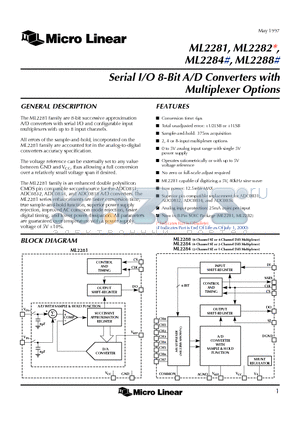 ML2281CIP datasheet - Serial I/O 8-Bit A/D Converters with Multiplexer Options