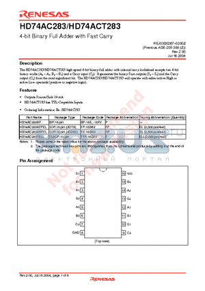 HD74AC283AFPEL datasheet - 4-bit Binary Full Adder with Fast Carry