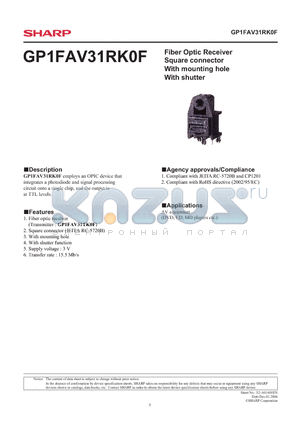 GP1FAV31RK0F datasheet - Fiber Optic Receiver Square connector With mounting hole With shutter