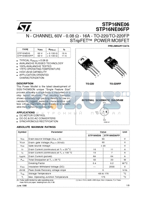 P16NE datasheet - N - CHANNEL 60V - 0.08 ohm - 16A - TO-220/TO-220FP STripFET POWER MOSFET