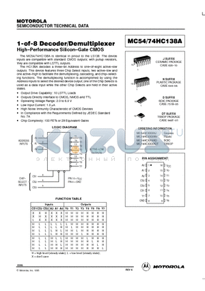 MC74HC138AD datasheet - 1-OF-8 DECODER / DEMULTIPLEXER