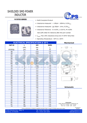 P170703-3R3 datasheet - SHIELDED SMD POWER INDUCTOR