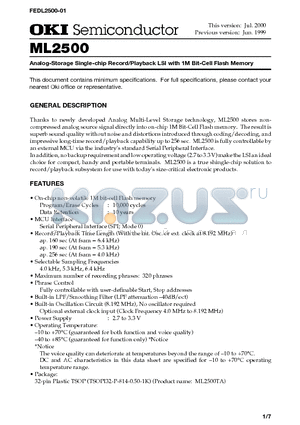 ML2500 datasheet - Analog-Storage Single-chip Record/Playback LSI with 1M Bit-Cell Flash Memory