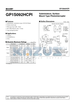 GP1S092HCPI datasheet - Subminiature, Surface Mount Type Photointerrupter