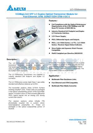 LC-155A2H1AT datasheet - 155Mbps 2x5 SFF LC Duplex Optical Transceiver Module for Fast Ethernet, ATM, SONET/SDH STM-1/OC-3