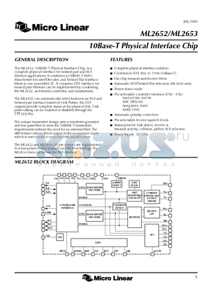 ML2653CQ datasheet - 10Base-T Physical Interface Chip