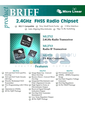 ML2712 datasheet - 2.4GHz FHSS Radio Chipset