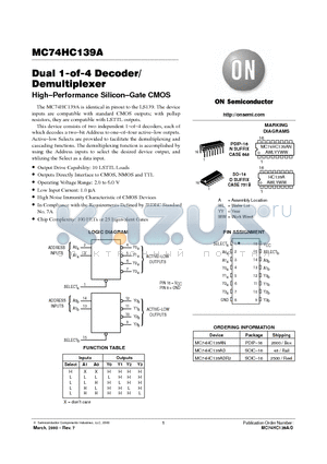 MC74HC139A datasheet - Dual 1-of-4 Decoder/Demultiplexer