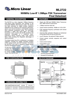 ML2722DH-T datasheet - 900MHz Low-IF 1.5Mbps FSK Transceiver