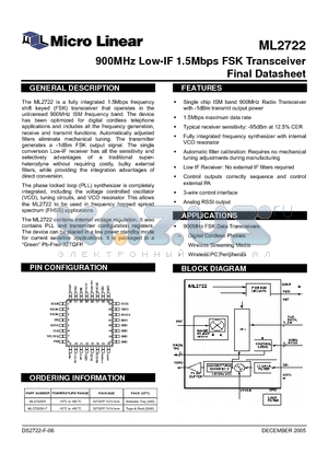 ML2722_05 datasheet - 900MHz Low-IF 1.5Mbps FSK Transceiver