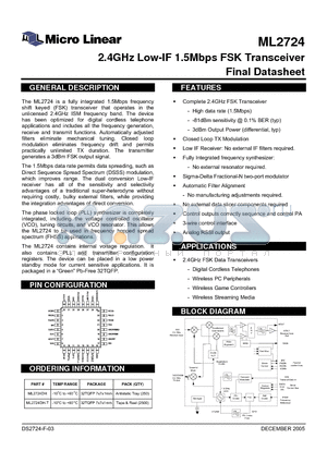 ML2724 datasheet - 2.4GHz Low-IF 1.5Mbps FSK Transceiver