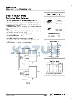 MC74HC153N datasheet - Dual 4-Input Data Selector/Multiplexer