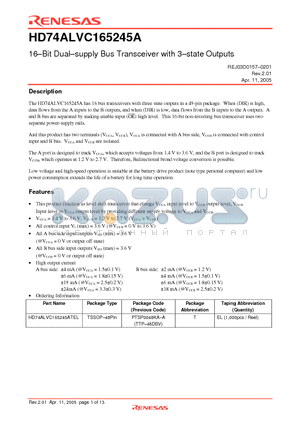 HD74ALVC165245A datasheet - 16-Bit Dual-supply Bus Transceiver with 3-state Outputs