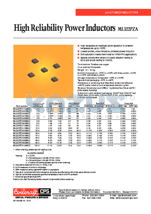 ML322PZA562MLZ datasheet - High Reliability Power Inductors
