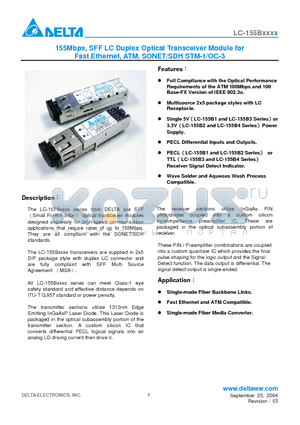 LC-155B2L1T datasheet - 155Mbps, SFF LC Duplex Optical Transceiver Module for Fast Ethernet, ATM, SONET/SDH STM-1/OC-3