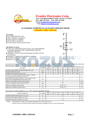 GP20-005G datasheet - 2A GENERAL PURPOSE GLASS PASSIVATED RECTIFIER