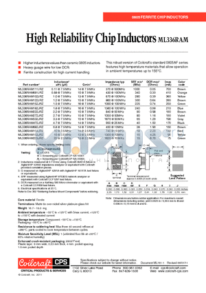 ML336RAM103JRZ datasheet - High Reliability Chip Inductors