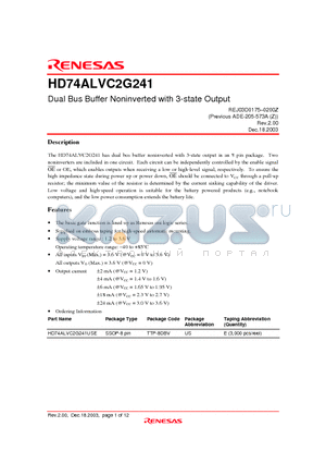 HD74ALVC2G241 datasheet - Dual Bus Buffer Noninverted with 3-state Output