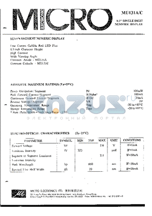 MU131C datasheet - 0.3 SINGLE DIGIT NUMERIC DISPLAY