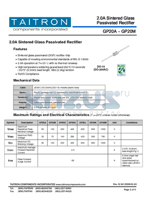 GP20D datasheet - 2.0A Sintered Glass Passivated Rectifier