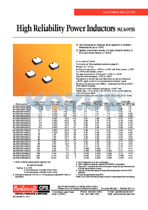 ML369PJB104MLZ datasheet - High Reliability Power Inductors