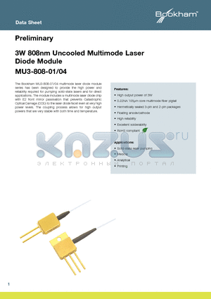 MU3-808-01 datasheet - 3W 808nm Uncooled Multimode Laser Diode Module