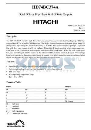 HD74BC374A datasheet - Octal D Type Flip Flops With 3 State Outputs