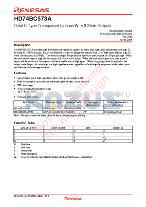 HD74BC573A datasheet - Octal D Type Transparent Latches With 3 State Outputs