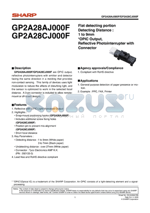 GP2A28AJ000F datasheet - Flat detecting portion Detecting Distance : 1 to 9mm OPIC Output, Refl ective Photointerrupter with Connector