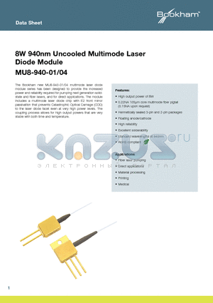 MU8-940-01 datasheet - 8W 940nm Uncooled Multimode Laser Diode Module