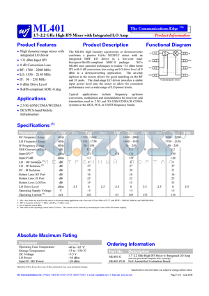 ML401-G datasheet - 1.7-2.2 GHz High IP3 Mixer with Integrated LO Amp