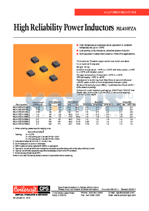 ML410PZA472MLZ datasheet - High Reliability Power Inductors