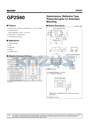 GP2S60A datasheet - Subminiature, Reflective Type Photointerrupter for Automatic Mounting