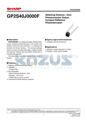 GP2S40J0000F datasheet - Detecting Distance : 3mm Phototransistor Output, Compact Refl ective Photointerrupter