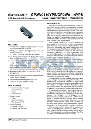 GP2W0110YPS datasheet - Low Power Infrared Transceiver