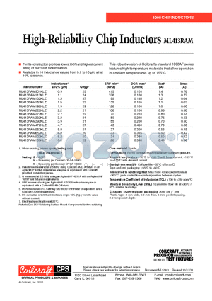 ML413RAM112KLZ datasheet - High-Reliability Chip Inductors